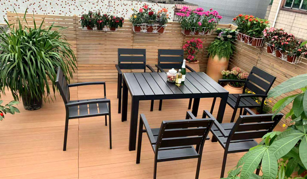 Plastic Wood Patio Rectangle 7pcs Dining Set for Roof