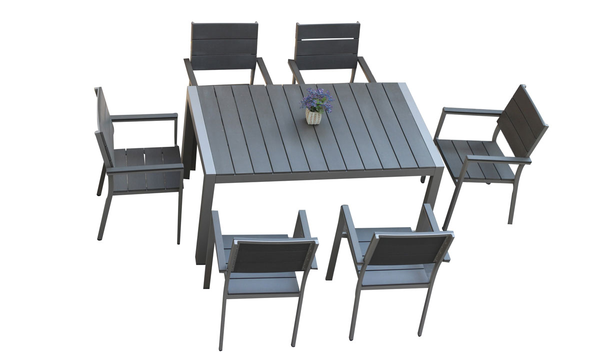 Plastic Wood Patio Rectangle 7pcs Dining Set for Roof