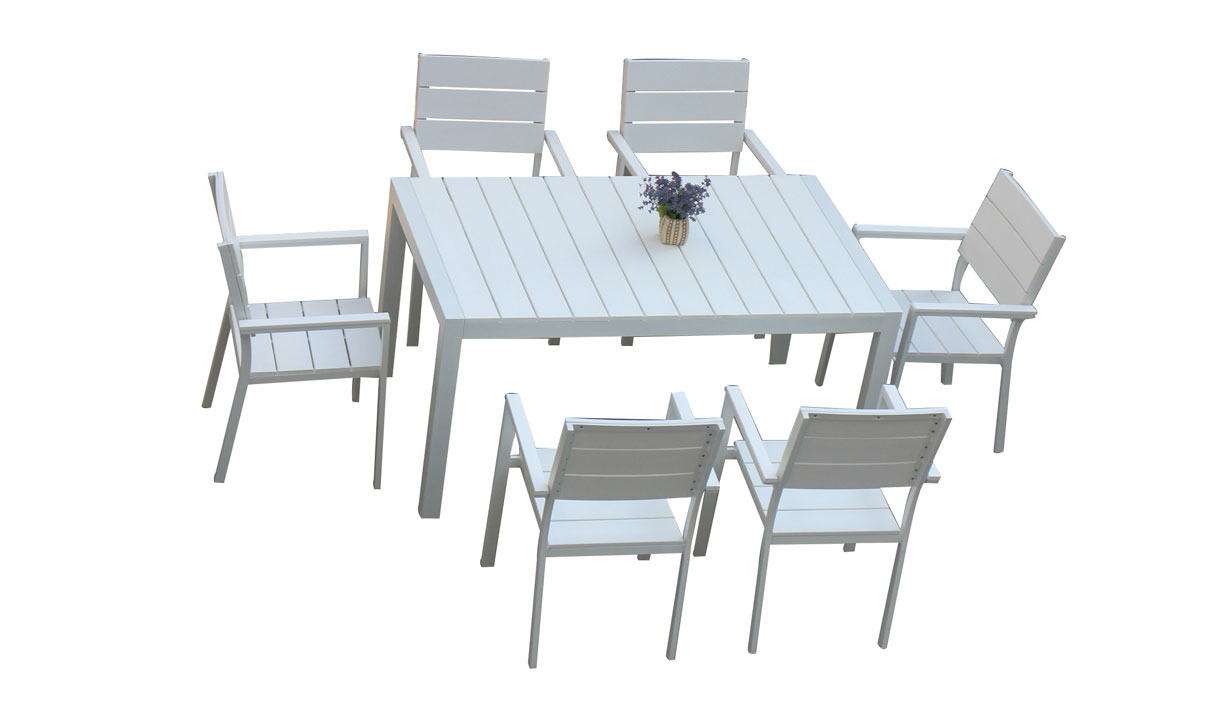 Plastic Wood Patio Rectangle 7pcs Dining Set for Roof