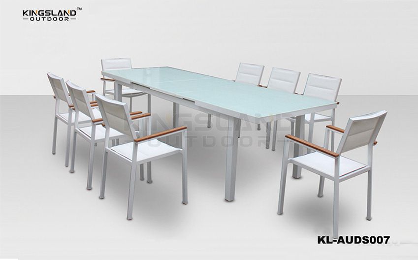 Aluminum extending dining table set with armchairs for 6-8 person