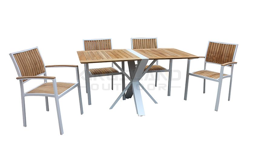 Aluminum frame Teak table top foldable dining table set with chairs