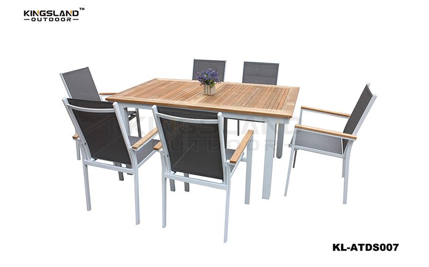 Aluminum frame Teak table top dining set with Texteline chairs