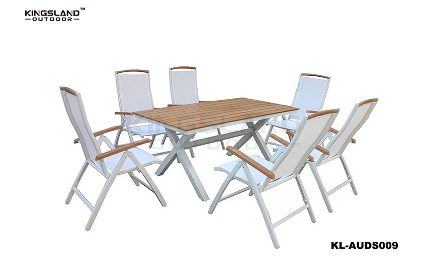 Aluminum X-shaped leg Teak table top dining set with Foldable chairs