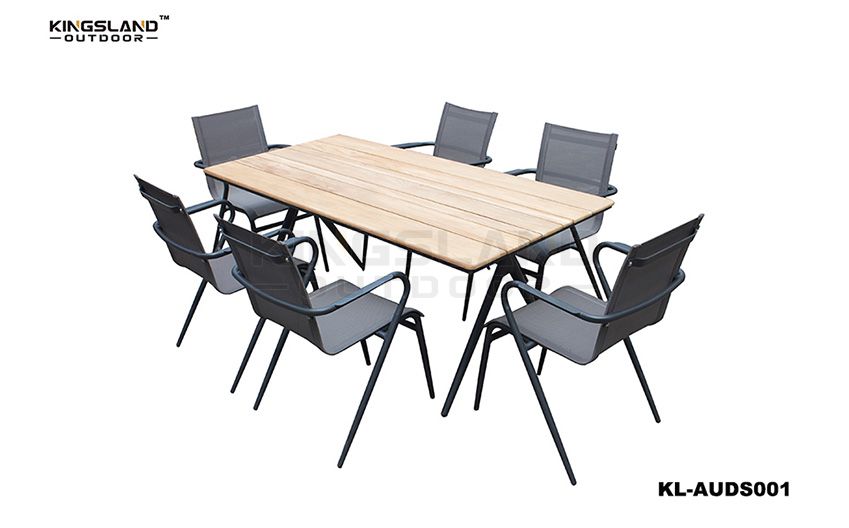 Teak furniture aluminum dining table set with Mesh Fabric chairs