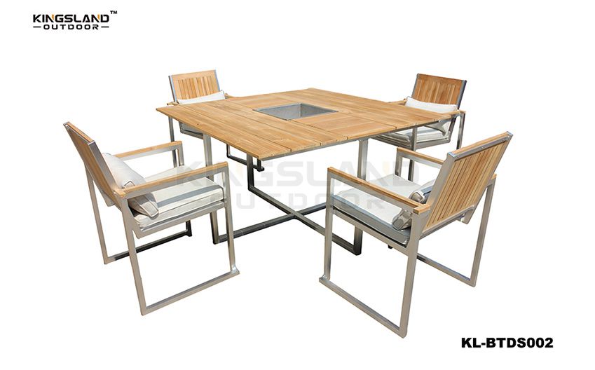 Brushed Aluminum frame Teak table top dining set with ice-bucket