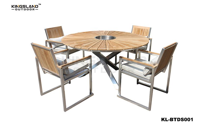 Brushed Aluminum frame Teak wood top round dining set with ice-bucket