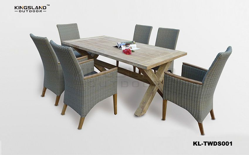 Teak furniture X-shaped leg dining table set with rattan woven chairs