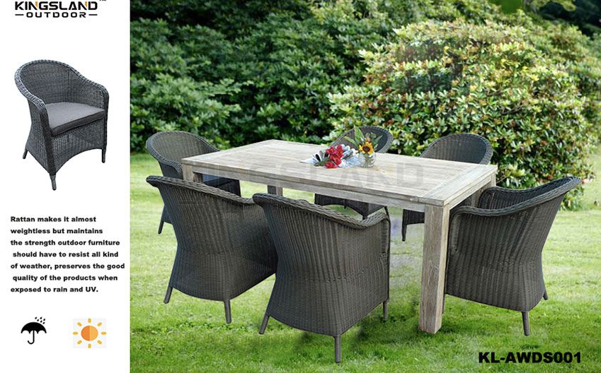 Teak furniture X shape leg dining table set with rattan woven chairs