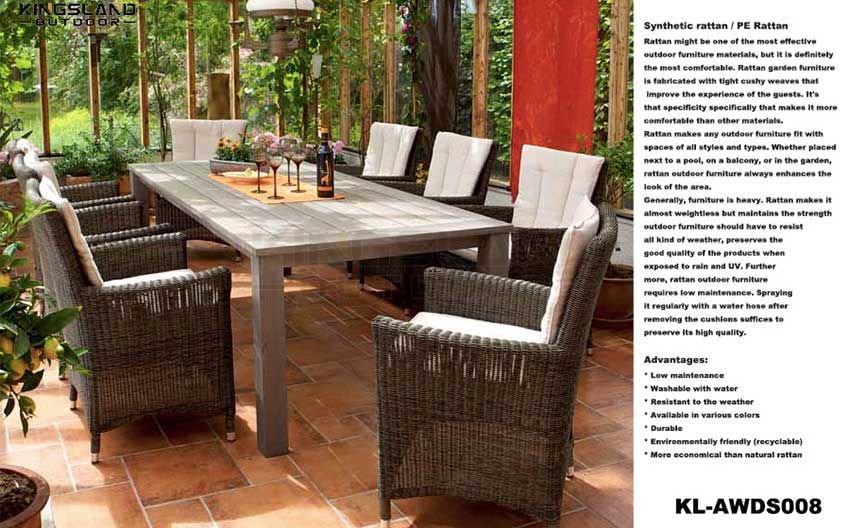 Teak furniture long dining table set with wicker woven stacking chairs