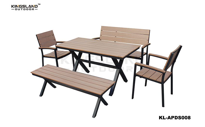 Aluminum frame polywood top X-shaped dining table set with bench