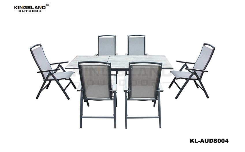 Aluminum HPL table top extending dining set with folding fabric chair