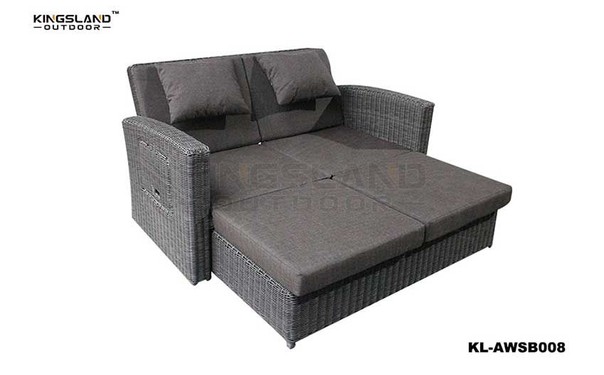 Aluminum & rattan woven reclining daybed double lounge with sidetable